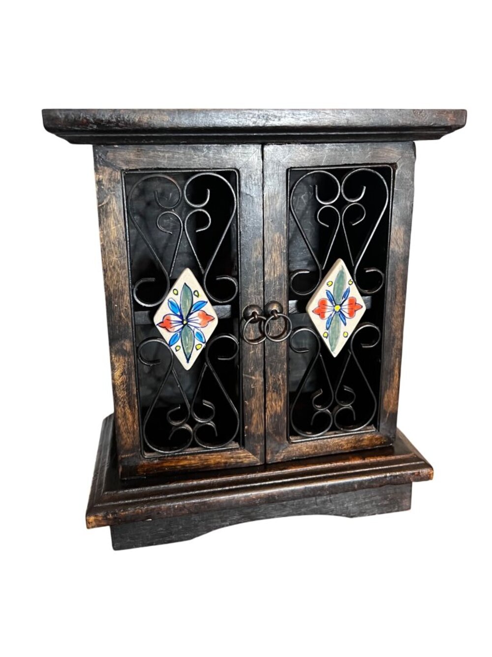 Vintage Spanish Apothocary Cabinet With Scrollwork Doors And Tile Insets
